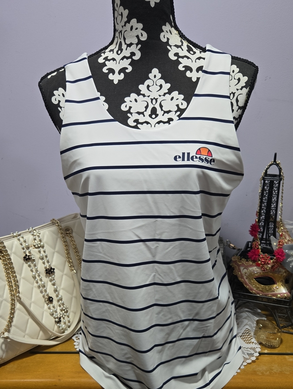 ellesse White Tank Top with Navy Stripes and Logo